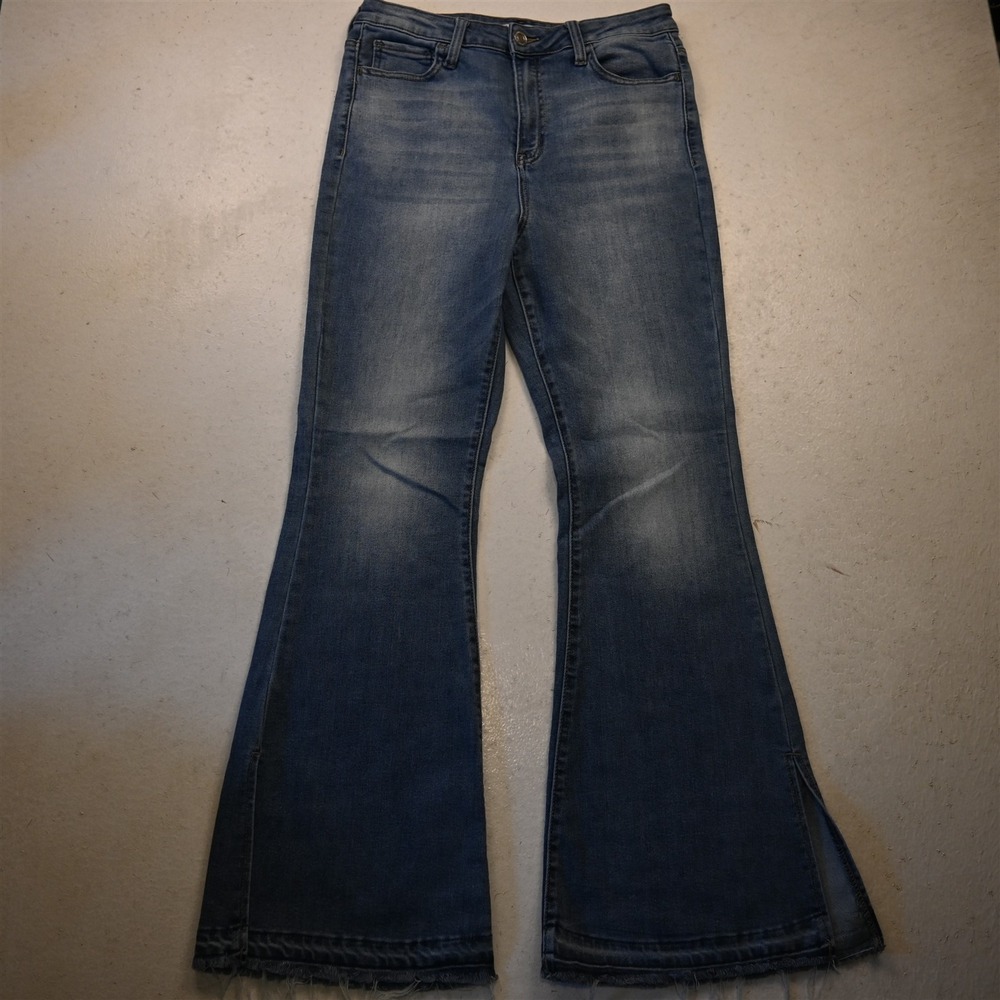 So 13 High Rise Flared Raw Hem Light Stretch Denim Womens Jeans